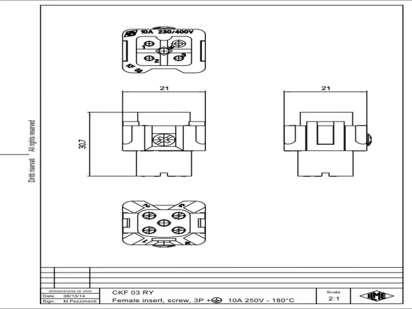 female insert, size 21.21, 3p+PE, silver, screw, 10A, 230/400V, 180°C