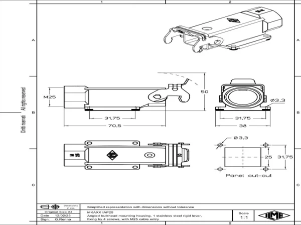 bulkhead mounting housing, angled, size 21.21, CKA zinc, 1 rigid lever stainless steel, 1xM25 side