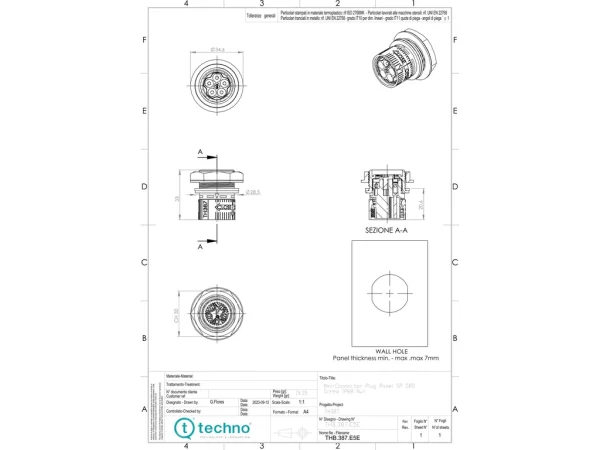 Mini plug connector panel-mounted, screw