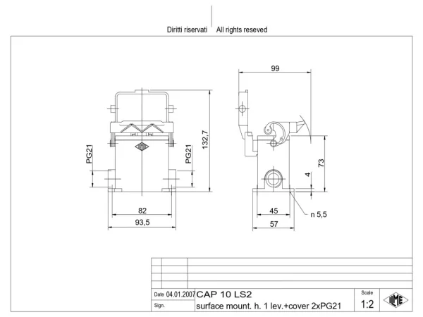 surface mounting housing, high, size 57.27, C-TYPE alu, 1 lever, 2xPG21 side, cov.