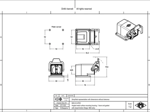 surface mounting housing, angled, 2 modules, MIXO TWO zinc, 1 lever, 1xM25 top