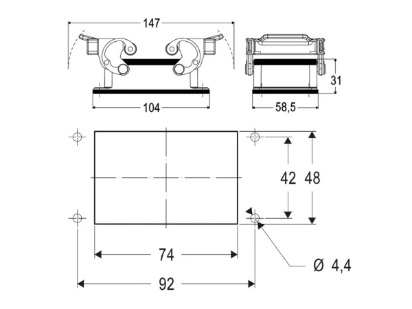 bulkhead mounting housing, size 66.40, C-TYPE alu, 4 pegs, cover metal