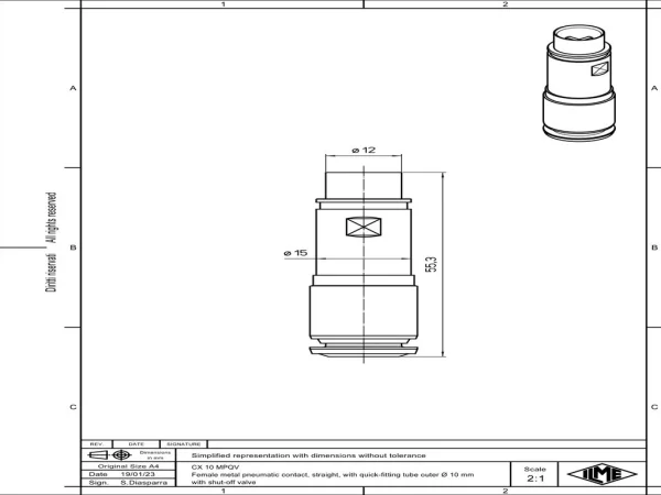 female contact, pneumatic 10mm external, straight, quick-fitting, with shut-off valve