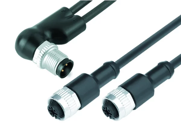 Angled duo male connector M12x1, 2 female cable connectors M12x1