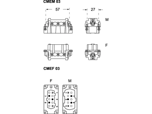 female insert, size 57.27, 3+2p+PE, screw, 16A, 830V