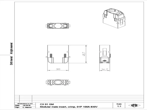 male insert, MIXO, 1MU, 1p, crimp, 100A, 830V