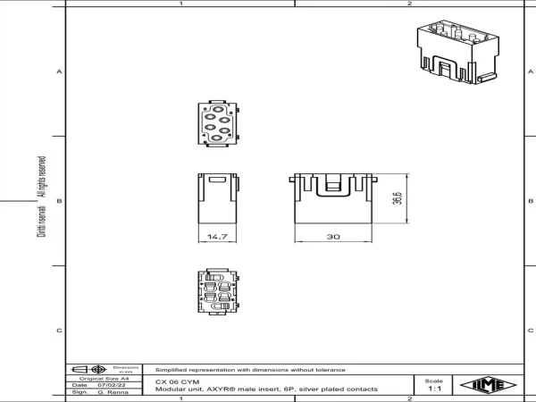 male insert, MIXO, 1 MU, 6p, silver, AXYR® push-in connection, 16A, 500V