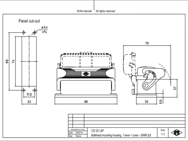 bulkhead mounting housing, size 66.16, IL-BRID alu, 1 lever, spring cover