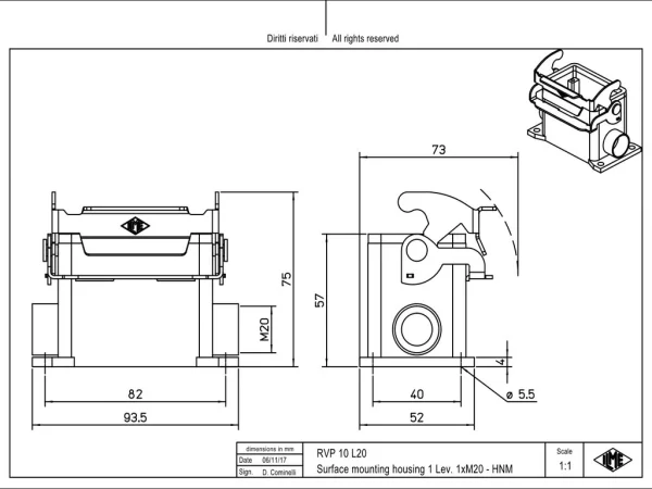 surface mounting housing, size 57.27, HNM alu, 1 lever, 1xM20 side