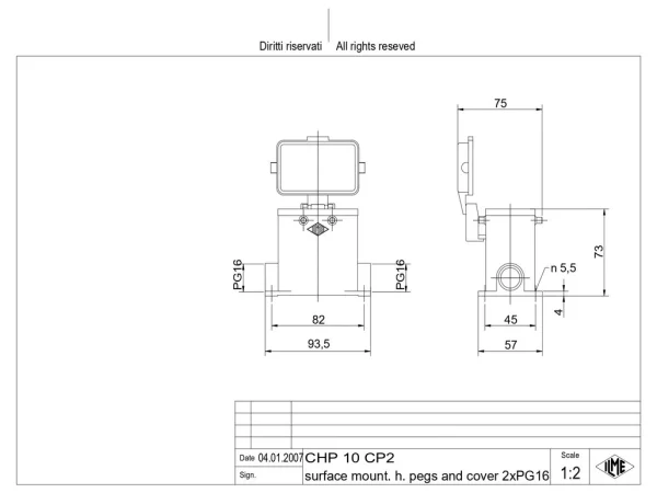surface mounting housing, size 57.27, C-TYPE alu, 4 pegs, 2xPG16 side, cov.