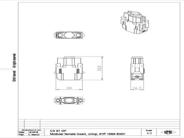 female insert, MIXO, 1MU, 1p, crimp, 100A, 830V