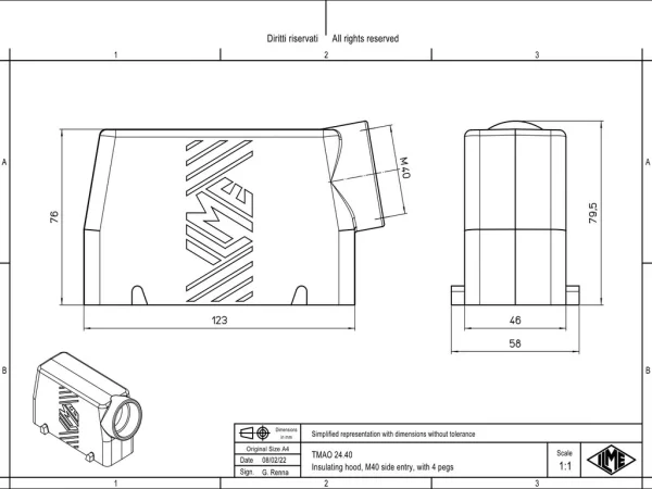 hood, high, size 104.27, T-TYPE plastic, 4 pegs, 1xM40 side