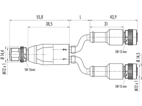Duo male connector M12x1 - 2 female cable connectors M12x1