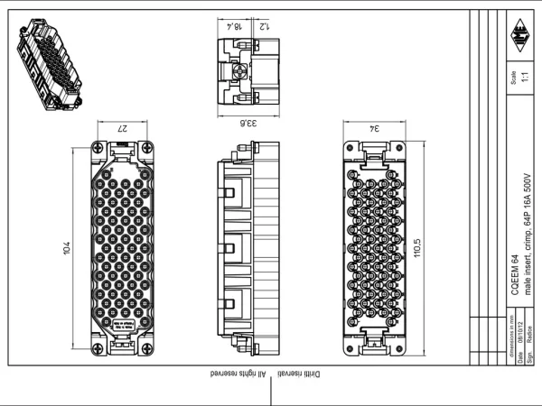 male insert, size 77.62, 64p+PE, crimp, 16A, 500V