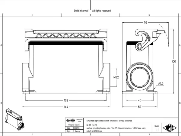 surface mounting housing, size 104.27, IL-BRID stainless steel, 1 lever, 1xM32 side