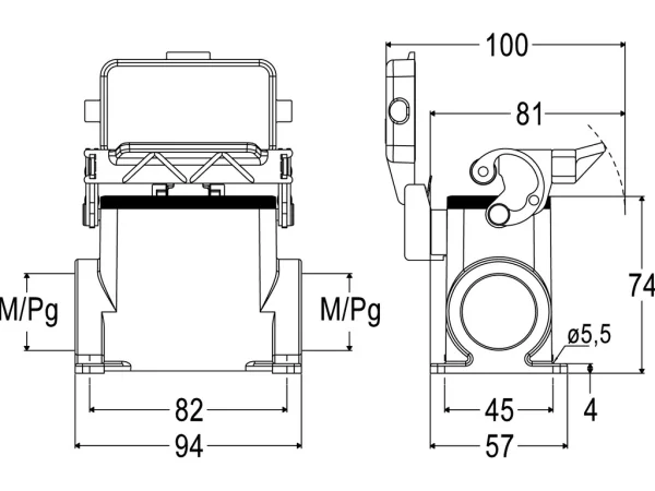 surface mounting housing, high, size 57.27, C-TYPE alu, 1 lever, 2xM32 side, cover metal