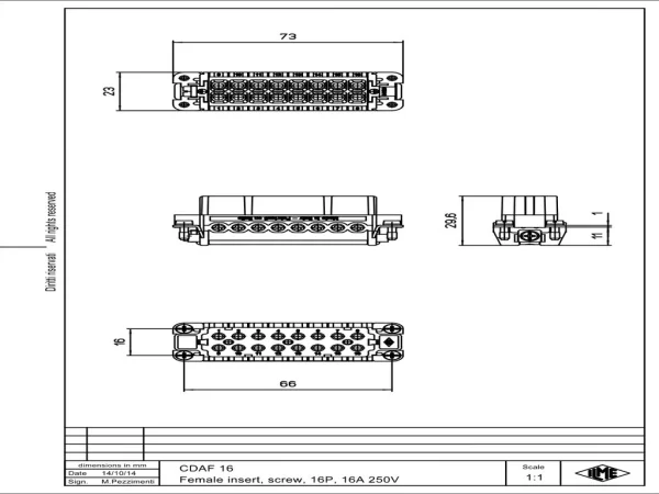 female insert, size 66.16, 16p+PE, silver, screw, 16A, 250V