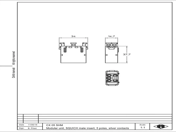 male insert, MIXO, 1MU, 5p, silver, SQUICH, 16A, 400V