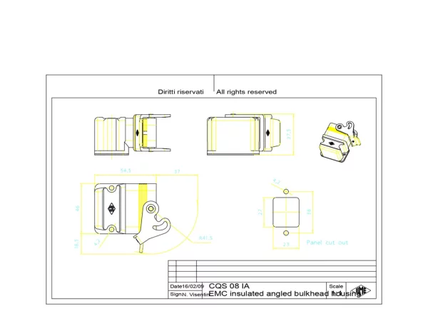 bulkhead mounting housing, angled, size 32.13, EMC plastic, 1 lever