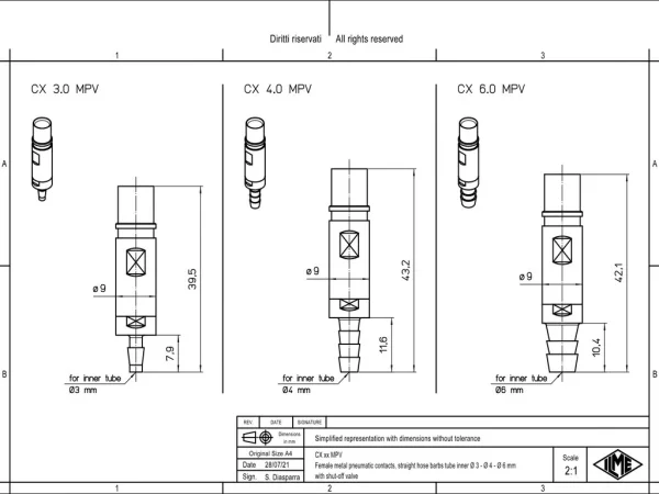 female contact, MIXO, metal, 4,0mm internal, plug, pneumatic,  shutt-off valve
