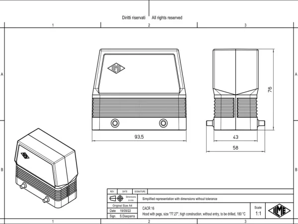 hood, size 77.27, 180 °C alu, 4 pegs