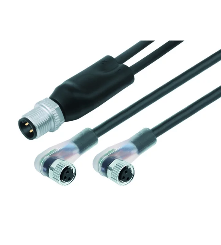 Duo male connector M12x1 - 2 female angled connectors with LED PNP NOC M8x1