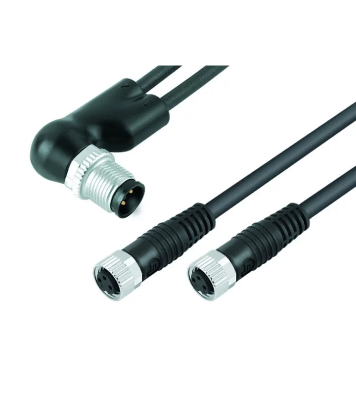 Angled duo male connector M12x1, 2 female cable connectors M8x1