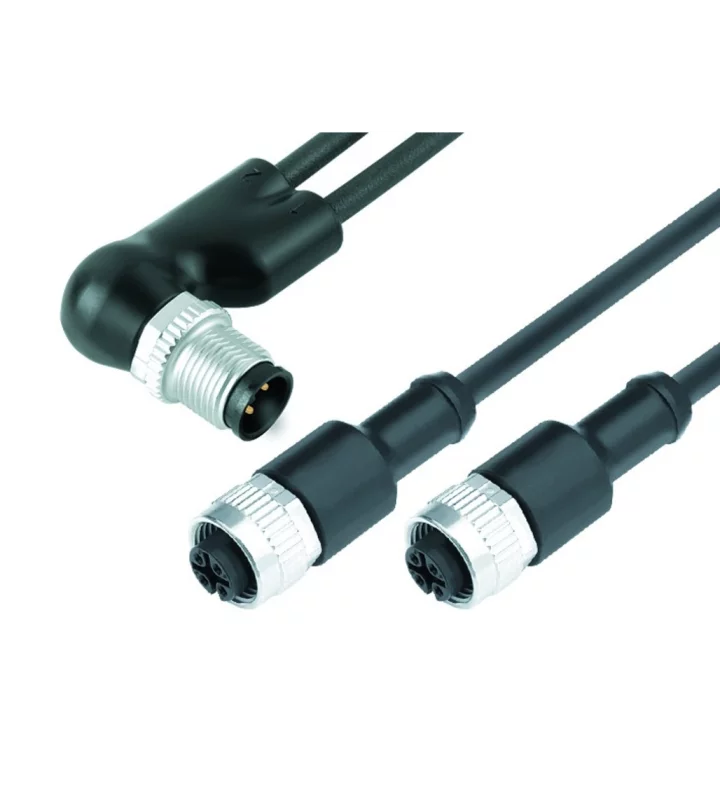 Angled duo male connector M12x1, 2 female cable connectors M12x1