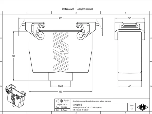 hood, high, size 104.27, T-TYPE /W plastic, 2 levers, 1xM40 top