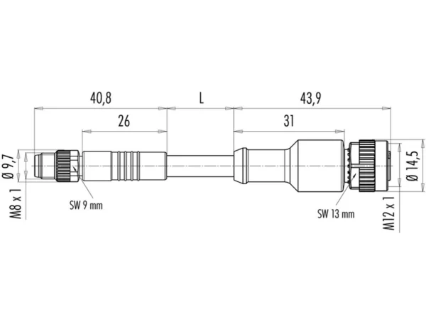 Male cable connector M8x1 - Female cable connector M12x1