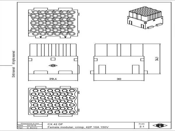 female insert, MIXO, 2MU, 42p, crimp, 10A, 150V