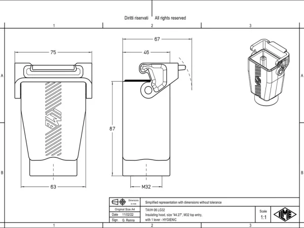 hood, high, size 44.27, T-TYPE /H plastic, 1 lever, 1xM32 top