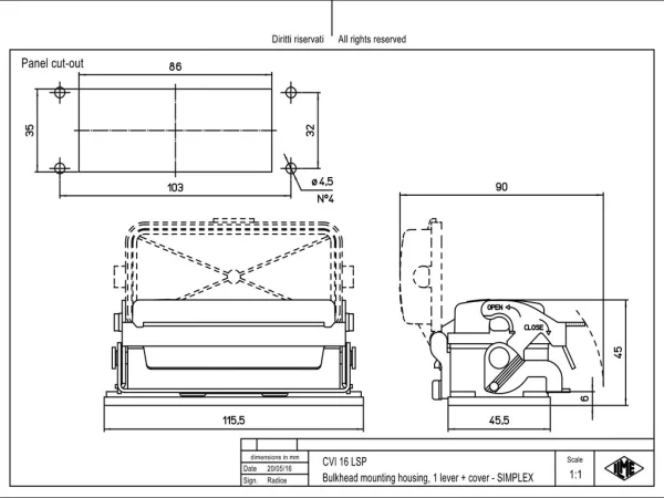 bulkhead mounting housing, size 77.27, V-TYPE alu, 1 lever, spring cover