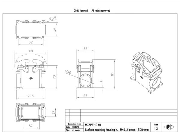 surface mounting housing, high, size 57.27, E-Xtreme alu, 2 levers, 1xM40 side
