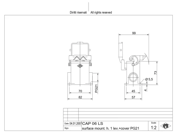 surface mounting housing, high, size 44.27, C-TYPE alu, 1 lever, 1xPG21 side, cov.