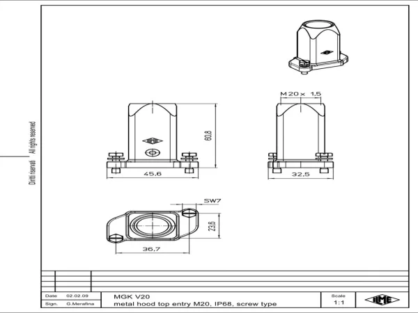 hood, size 21.21, IP68 alu, screw locking, 1xM20 top
