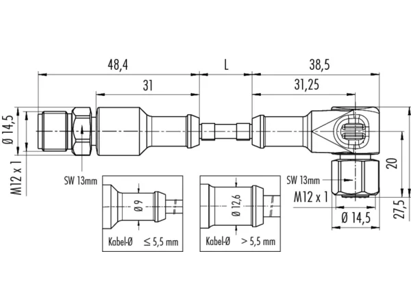 Connecting cable, male cable connector M12x1 & female angled connector M12x1