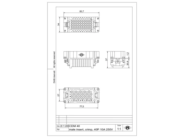 male insert, size 77.27, 40p+PE, crimp, 10A, 250V