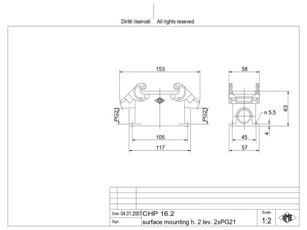 surface mounting housing, size 77.27, C-TYPE alu, 2 levers, 2xPG21 side