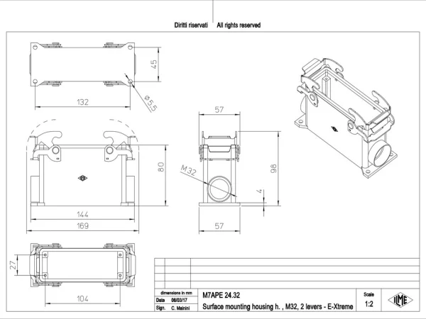 surface mounting housing, high, size 104.27, E-Xtreme alu, 2 levers, 1xM32 side