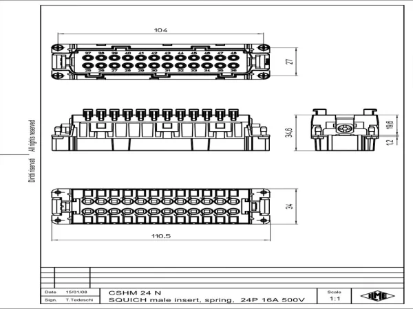 male insert, 24p+PE, silver, SQUICH, 16A, 500V, for size 104.62 no.25-48