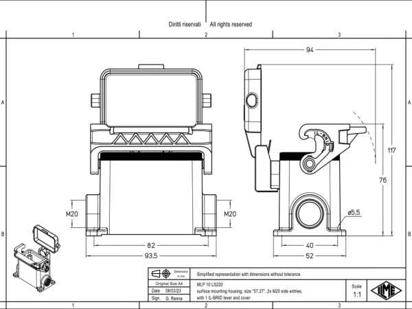 surface mounting housing, size 57.27, IL-BRID stainless steel, 1 lever, 2xM20 side
