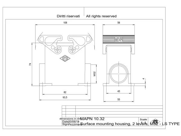 surface mounting housing, high, size 57.27, LS-type alu, 2 levers, 1xM32 side