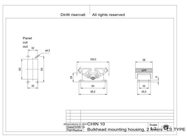 bulkhead mounting housing, size 57.27, LS-type alu, 2 levers