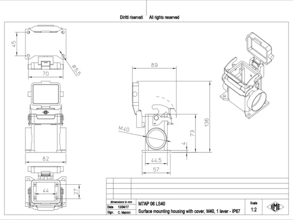 surface mounting housing, high, size 44.27, V-TYPE alu, 1 lever, 1xM40 side, cover metal
