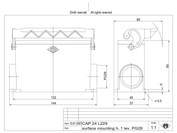 surface mounting housing, high, size 104.27, C-TYPE alu, 1 lever, 2xPG29 side