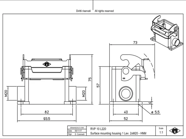 surface mounting housing, size 57.27, HNM alu, 1 lever, 2xM20 side
