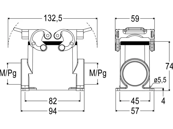 surface mounting housing, high, size 57.27, C-TYPE alu, 2 levers, 2xM32 side