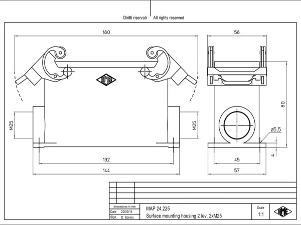 surface mounting housing, high, size 104.27, C-TYPE alu, 2 levers, 2xM25 side