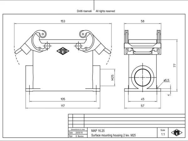 surface mounting housing, high, size 77.27, C-TYPE alu, 2 levers, 1xM25 side